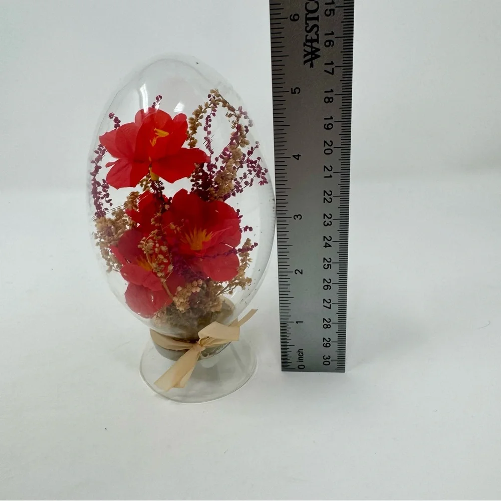 Vintage 1970s Floral Glass Egg Diorama Red Boho Hibiscus Flowers